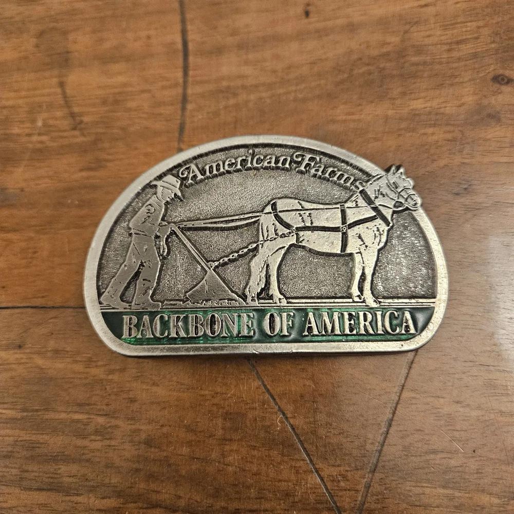 Vintage American Farms Backbone Of America Belt Buckle Silver Tone‎ Green